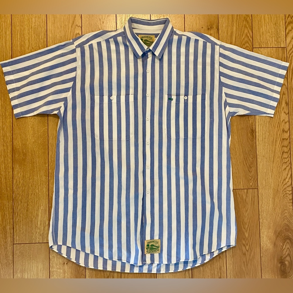 Rare Vintage Bermuda Railway Company Blue and White Stripe Button-Up Shirt